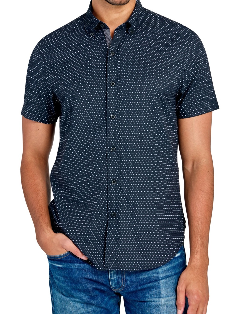 Con.struct Slim Fit Black White Geo Micro Dot 4-Way Stretch Shirt - Men's XL